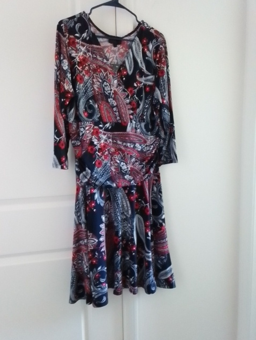 Rekucci Women’s Navy Paisley Wrap Dress with Red Accents